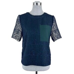 Grey by Jason Wu Navy Blue and Green Textured Mesh Overlay Women's Top